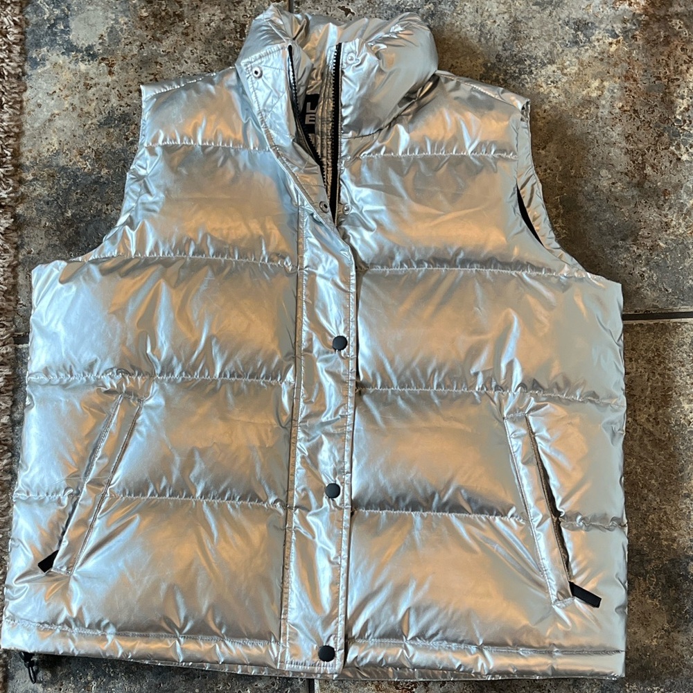 Lands' End Shiny Silver Quilted Puffer Vest